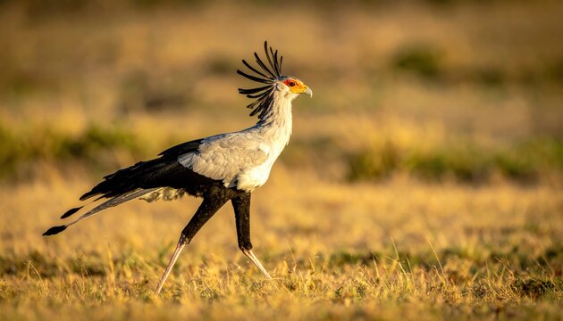 Stately secretary bird walking across a golden African savanna at sunset with prominent black head feathers and crane like legs, showcasing the majestic wildlife of the grassy plains in cinematic wide