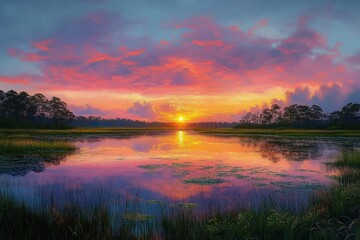 Naklejka premium Vibrant sunset over calm marsh with reflective water, colorful clouds, silhouetted trees and tall grasses evoking peaceful tranquility