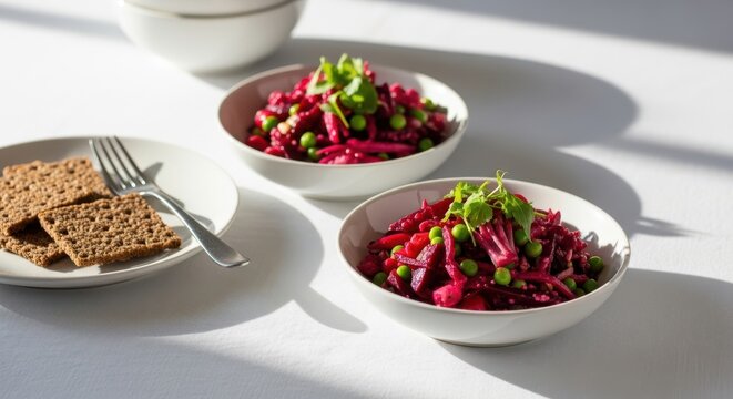 Two bowls of fresh beetroot salad with green peas and herbs served with crispbread