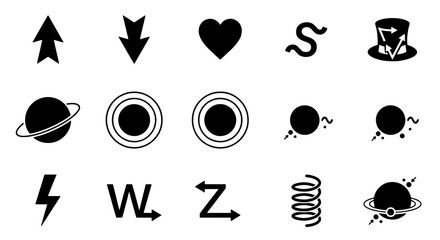 Minimalist black icons set, 15 vector symbols including arrows heart and planet, abstract geometric shapes for UI design and branding © Asset Aura