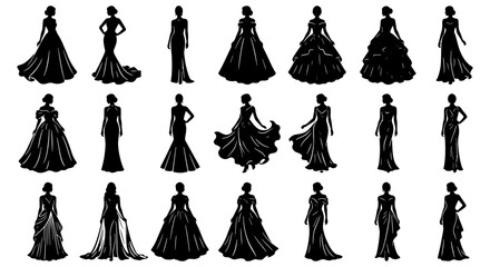 Elegant wedding dress silhouettes, set of 21 bridal gown vector icons, black female figures in formal evening wear and prom dresses © Asset Aura