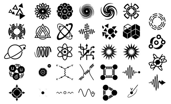 Quantum physics icons set, science and subatomic particle vector symbols, black and white abstract geometry and molecular structures collection