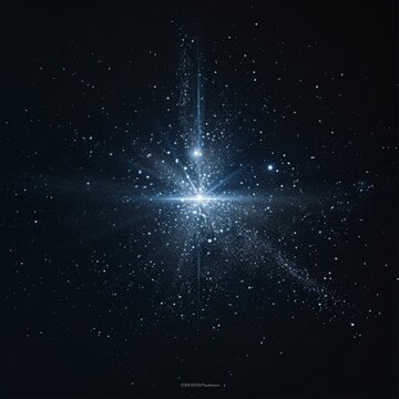 Bright cosmic center radiates blue-white light against dark space. Stars scatter outward in radiant burst pattern. Abstract celestial formation perfect for sci-fi or space-themed projects