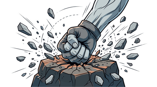 Clenched fist crushing into fragments vector line art
