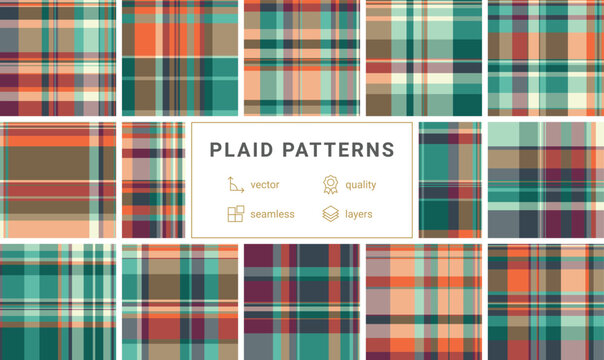 Editorial plaid pattern bundle for print layouts. Structured tartan backgrounds support magazines and brochures. Vector geometry aligns content.
