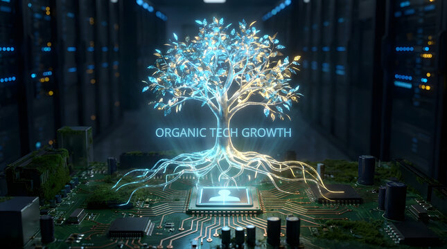 Organic Tech Growth: A fusion of technology and nature, depicting an organic tree integrated into a circuit board, with the words Organic Tech Growth centered at the image.