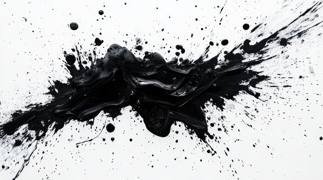 dramatic glossy black paint splash across a white background with dynamic splatters, droplets and fluid smears conveying energy and chaos