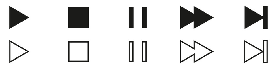 Fototapeta premium Black and white modern media player control icons including play stop pause fast forward and skip symbols