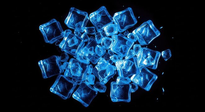 A striking top-down view of glistening ice cubes and crushed ice fragments scattered across a black background with dramatic blue highlights, black, shards, cool