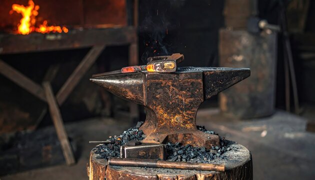Industrial heavy iron anvil and glowing heated metal tool in a traditional blacksmith workshop, displaying a cinematic widescreen view of ancient metalwork crafts with smoke and fire background.