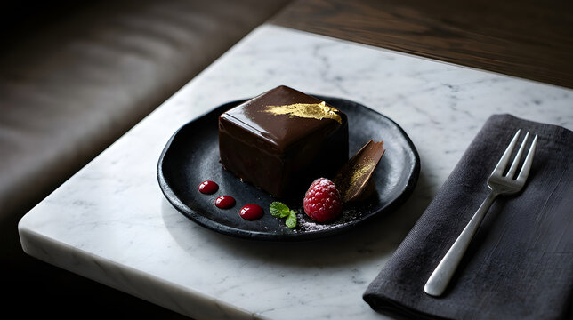 Minimalist Square Chocolate Ganache Cake with Gold Brush and Fresh Raspberry on White Marble Surface for High End Bakery and Modern Dessert Presentation Product Photography
