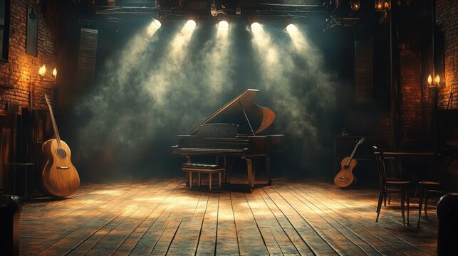 Moody intimate stage with grand piano, two acoustic guitars, wooden stool and chairs on a smoky spotlighted wooden floor in a warm rustic brick venue