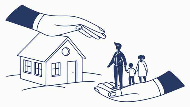 World refugee day concept with protective hands sheltering refugee family and house, symbolizing support, safety, humanitarian aid, hope and protection for displaced people