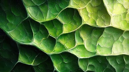 Fototapeta premium Close-up of layered green leaf cells with pronounced veins and textured surfaces, a vibrant serene organic pattern