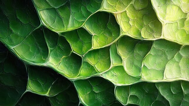 Close-up of layered green leaf cells with pronounced veins and textured surfaces, a vibrant serene organic pattern