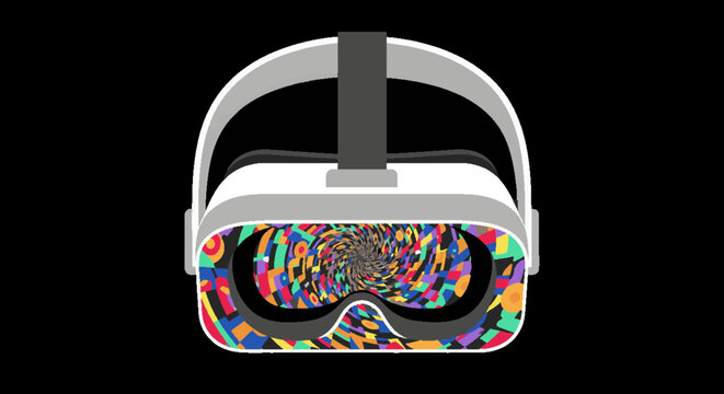 Virtual reality headset with colorful abstract pattern reflecting in lenses, futuristic technology and immersive experience concept