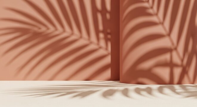 Empty product display podium with palm leaf shadows on a terracotta wall background