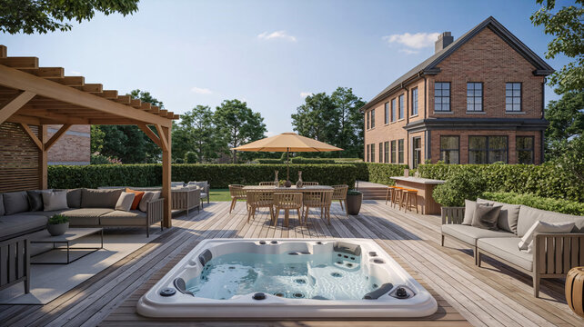 Luxury backyard patio with a hot tub and wooden deck featuring a pergola and modern outdoor furniture near a brick house