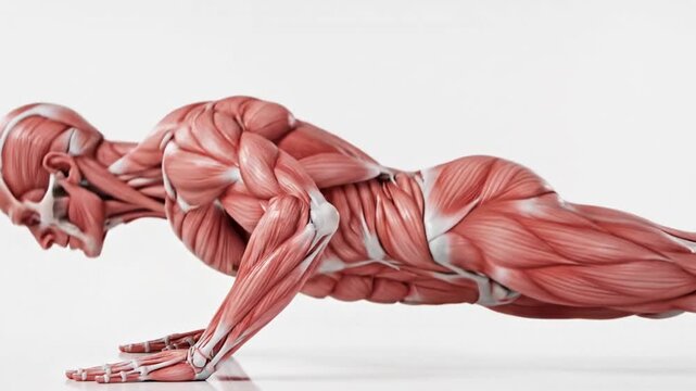 Human anatomical muscle model performing push ups on a clean white background