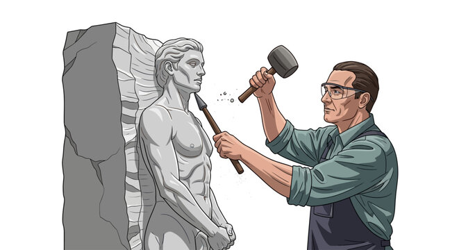 Stone sculptor carves a human statue with hammer and chisel