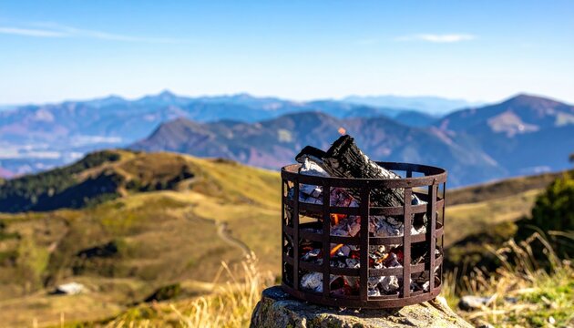 Forged iron signal fire basket with charred wood and ashes sitting on a mountain summit, representing ancient communication methods in a breathtaking cinematic widescreen landscape.