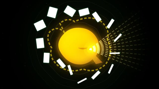 Abstract digital motion graphic of a rotating yellow glowing sun shape