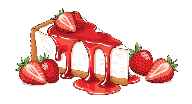 Strawberry cheesecake slice with red sauce and fresh berries illustration isolated on white