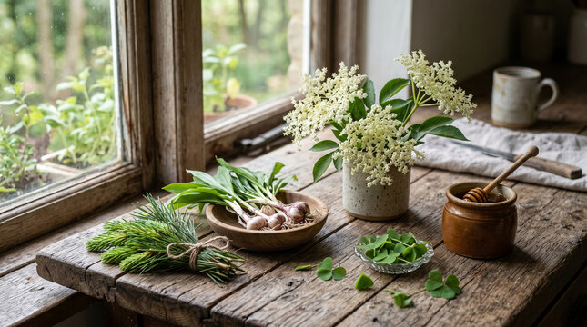 Rustic kitchen counter with foraged elderflowers wild garlic pine shoots wood sorrel and raw honey arranged on weathered oak