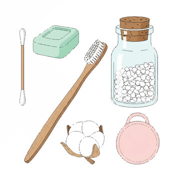 Bathroom items including toothbrush, cotton, and jar of pearls on table