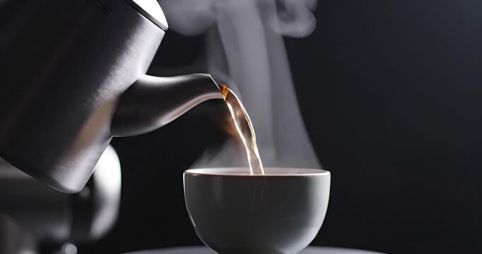 inematic pouring of steaming hot tea from kettle into cup, cozy slow living aesthetic
