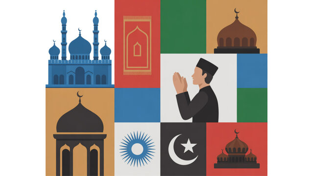 Collage of diverse country flags with global landmarks and people icons Vector