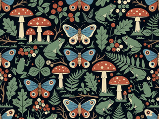 Obraz premium Vintage Folklore Forest Seamless Pattern with Mushrooms, Frogs, and Butterflies on Dark Background