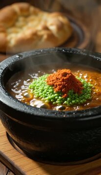 Hot Steaming Yemeni Bean Stew with Spices and Fresh Bread