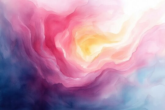 dreamy pastel watercolor swirl with warm glowing center, soft pink purple and blue layers evoking calm and ethereal light