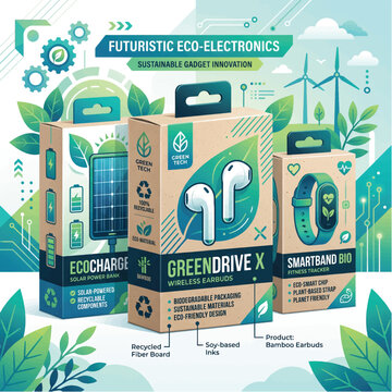 Eco-friendly electronic device packaging with earbuds and smartband on a natural background with green leaves and wind turbines.