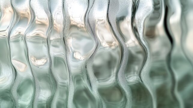 close-up of rippled textured glass with condensation, water droplets and soft blurred light conveying calm serenity