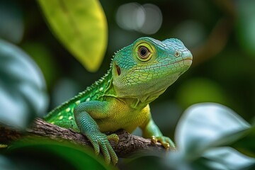 Fototapeta premium close-up of a curious green lizard perched on a branch amid leafy foliage, vivid textured scales and an alert gaze in a soft bokeh tropical background