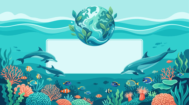 World Oceans Day Template with Dolphins Swimming Around White Copy Space Box