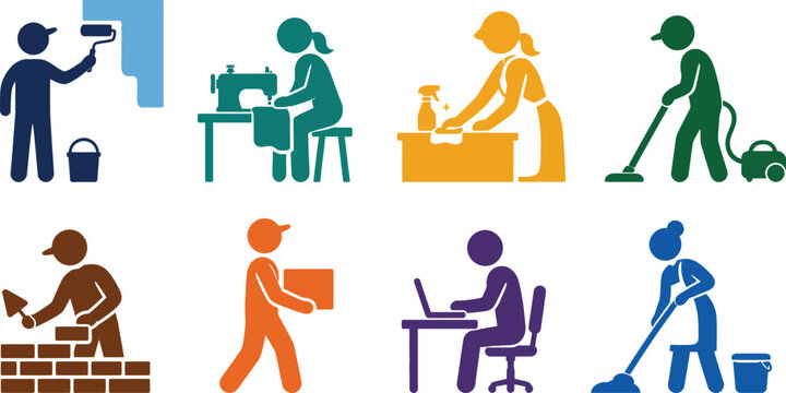 Collection of flat depicting various professions and tasks: painting, sewing, cleaning, construction, delivery, office work, and mopping