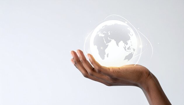 A darkskinned hand holding a luminous digital globe, symbolizing global connection, technology, and environmental care. Perfect for corporate, sustainability, and innovative concepts.