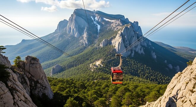 Cable car on mountain resort landscape.