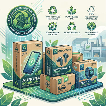Eco-friendly electronic devices and accessories packaging with biodegradable materials and plant-based ink on a wooden table with a factory background.