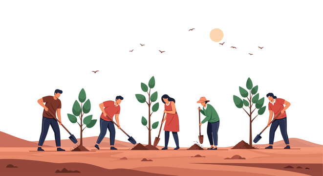 Diverse group of people planting trees in dry landscape