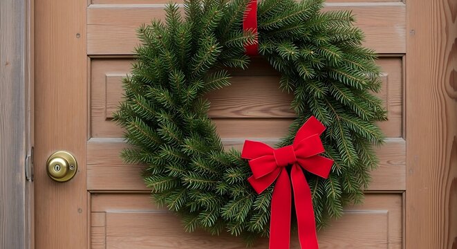 Christmas Wreath on Wooden Front Door.