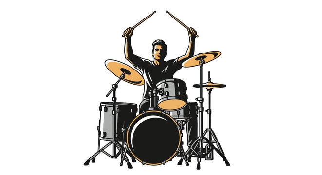 Drummer playing drum set with drumsticks raised, isolated on white background