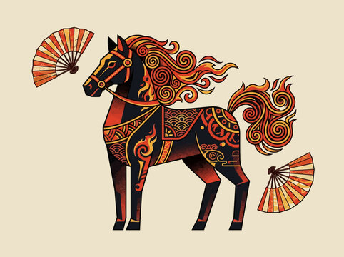 Stylized Asian Horse Illustration with Traditional Patterns and Fire Mane