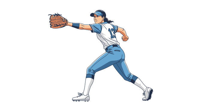 Female softball player catching ball illustration isolated on white background