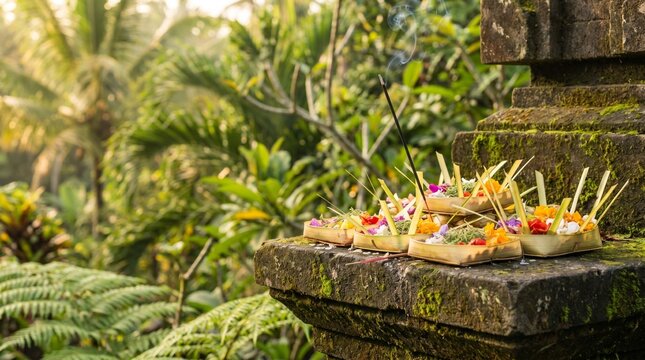 Canang Sari Balinese Hindu Offerings on Mossy Stone Shrine