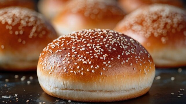 close-up of freshly baked golden sesame seed burger buns on a baking tray, warm and inviting appetizing scene