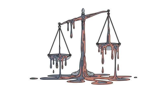 Melting rusty balance scale with dripping molten metal on a white background, symbolizing imbalance and decay
